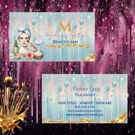 Tropfende Pastel Blue Gold Monogram Beautician Chi Visitenkarte