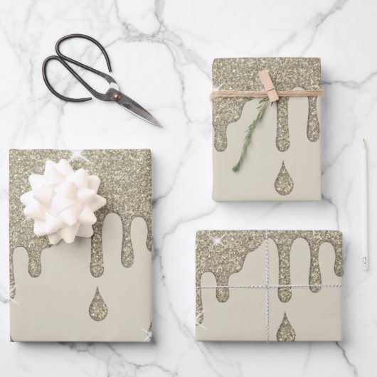 Tropfende Silber-Glitzer-Wirkung und Glitzern Geschenkpapier Set (Vorderseite)