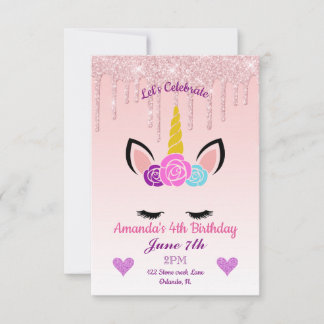 Tropfendes Gold Glitter Blumen Einhorn Geburtstag Einladung