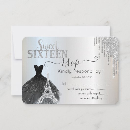 Tropfens Black Dress Eiffelturm Sweet 16 UAWG Einladung (Vorderseite)