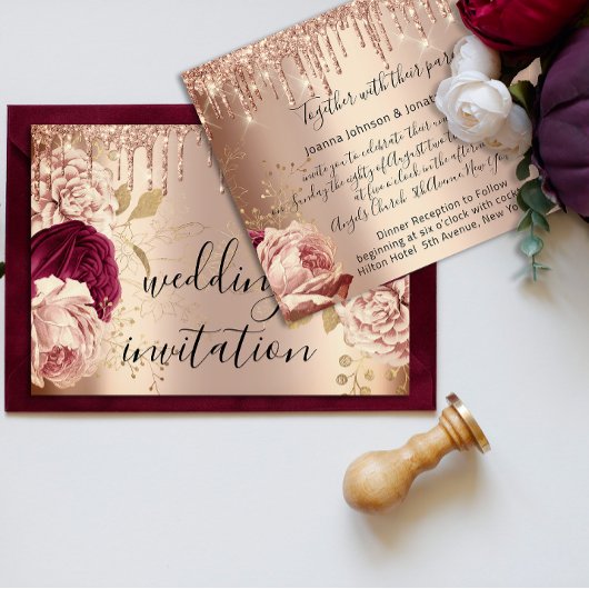 Tropfens Marsala Wedding Rose Gold Rose Einladung