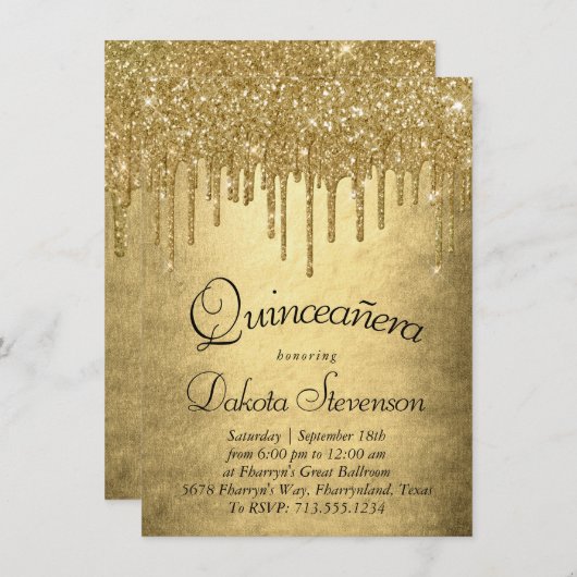 Tropfgold-Glitzer | Champagne Melt Quinceanera Einladung (Vorne/Hinten)