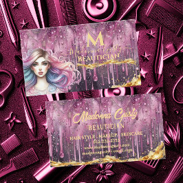 Tropfpastel Magenta Gold Monogram Beautician Visitenkarte
