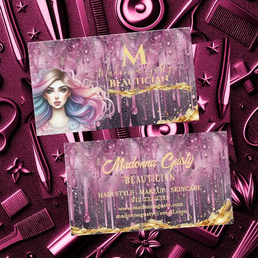 Tropfpastel Magenta Gold Monogram Beautician Visitenkarte