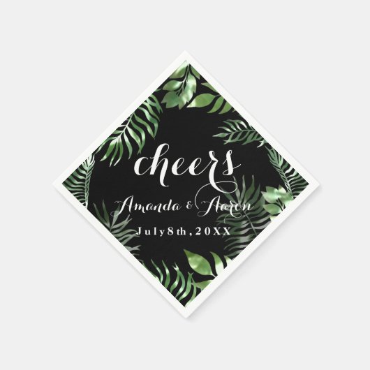 Tropic Green Leafs Schwarz-weiß Floral Cheers Serviette (Ecke)
