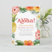 Tropical 1. Luau Floral Geburtstag Einladung (Stehend Vorderseite)