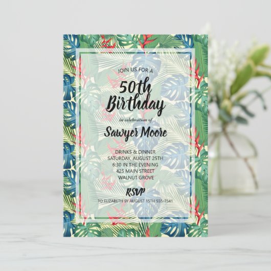 Tropical 50. Geburtstagsparty Einladungen (Stehend Vorderseite)