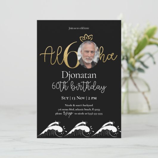 Tropical 60. Black Gold Geburtstag Einladung Foto (Stehend Vorderseite)