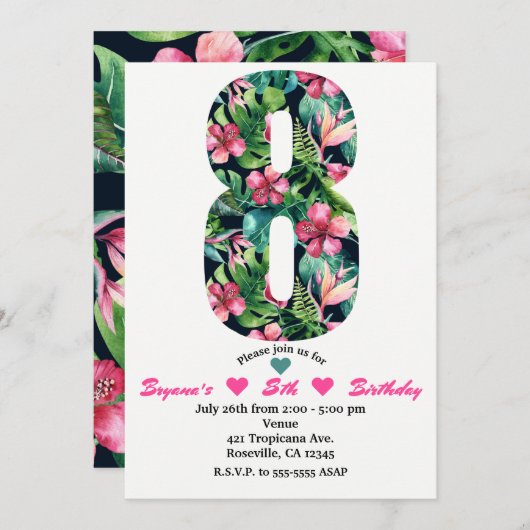 Tropical 88 Achte Geburtstagsparty Einladung (Vorne/Hinten)