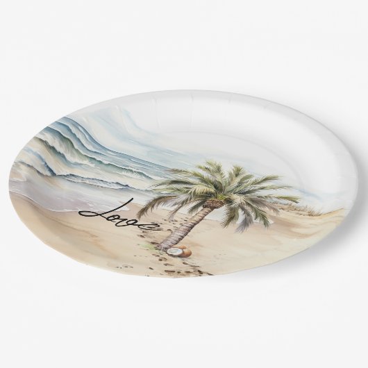 Tropical Aloha Beach Coconuts Palme Tree Pappteller (Schrägansicht)