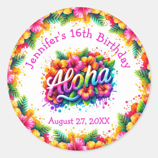 Tropical Aloha Birthday Luau Runder Aufkleber (Vorderseite)