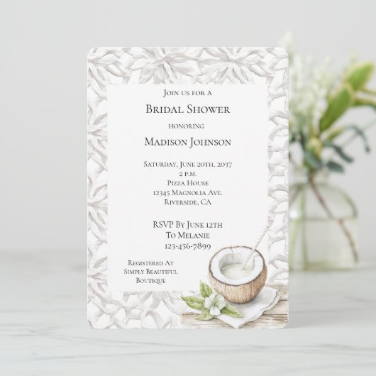 Tropical Aloha Coconut Blume Brautparty Einladung (Stehend Vorderseite)