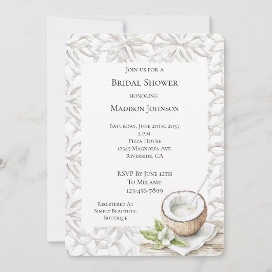 Tropical Aloha Coconut Blume Brautparty Einladung (Vorderseite)