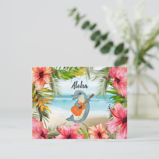 Tropical Aloha Denken Sie an Sie Dolphin Guitar Postkarte (Stehend Vorderseite)