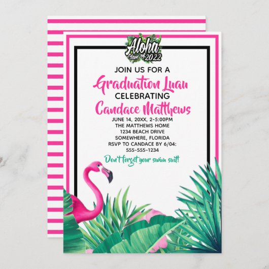 Tropical Aloha Flamingo Abschluss Luau 2022 Einladung (Vorne/Hinten)