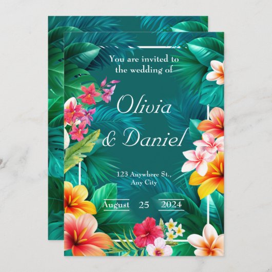 Tropical Aloha Floral Greenerity Wedding Einladung (Vorne/Hinten)