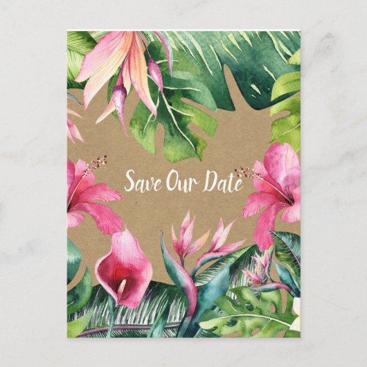 Tropical Aloha Floral Luau Kraft Save the Date Postkarte (Vorderseite)