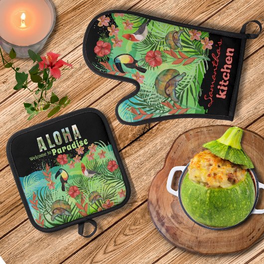 Tropical Aloha Paradise Oven Mitt and Pot Holdings Ofenhandschuh & Topflappen-Set