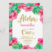 Tropical Aloha Pink Hibiskus 1. Geburtstag Einladung (Vorne/Hinten)