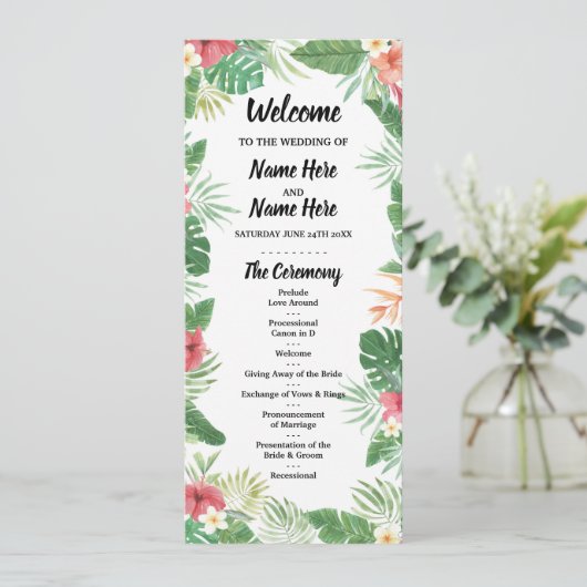 Tropical Aloha Wedding Program Blume Palms Programm (Stehend Vorderseite)