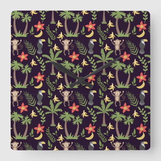 Tropical animals seamless pattern monkey & macaw quadratische wanduhr (Vorderseite)