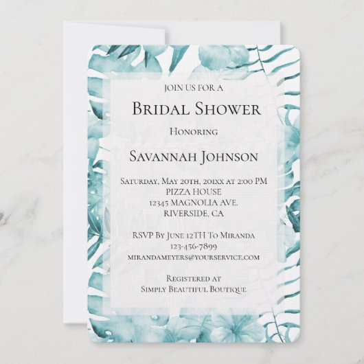 Tropical Aqua Blue Floral Blätter Brautparty Einladung (Vorderseite)