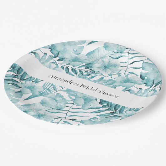 Tropical Aqua Blue Floral Blätter Brautparty Pappteller (Schrägansicht)