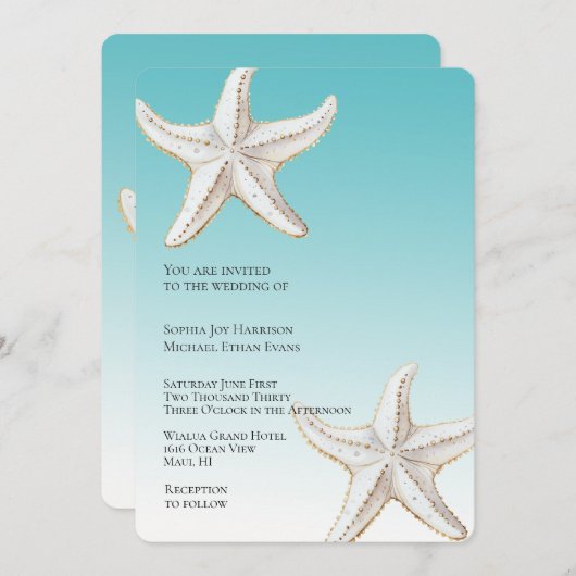 Tropical Aqua Gold White Starfish Beach Hochzeit Einladung (Vorne/Hinten)