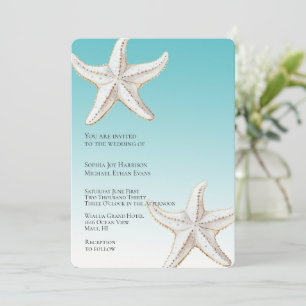 Tropical Aqua Gold White Starfish Beach Hochzeit Einladung