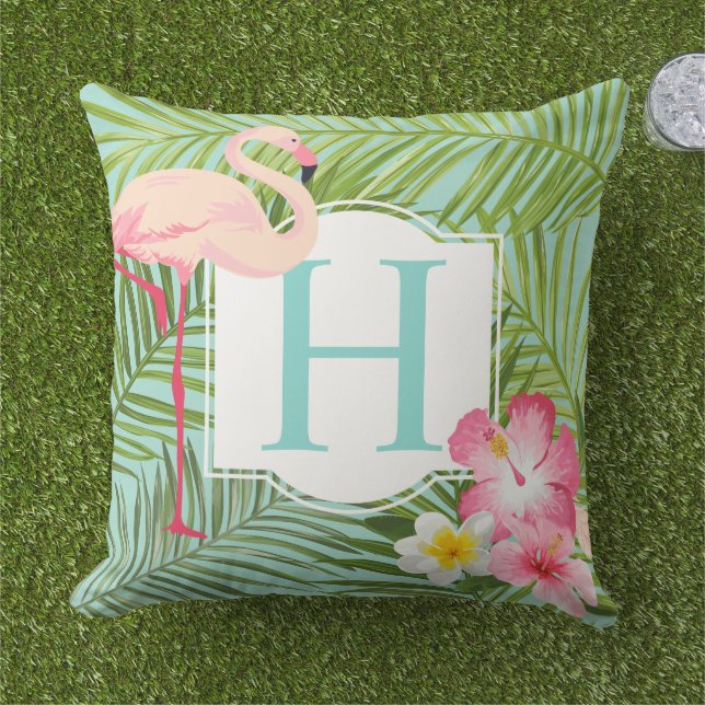 Tropical Aqua Monogram Pink Flamingo und Blume Kissen (Gras)