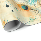 Tropical Aqua Peach Orange Peacock Feathers Geschenkpapier (Rolleneckpunkt)