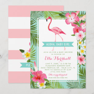 Tropical Aqua Pink Flamingo Aloha Girl Babydusche Einladung