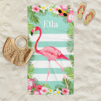 Tropical Aqua Pink Flamingo Floral Custom Monogram