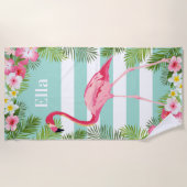 Tropical Aqua Pink Flamingo Floral Custom Monogram Strandtuch (Vorderseite)