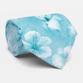 Tropical Aqua White Orchias Hibiskus Floral Krawatte (Gerollt)