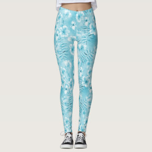 Tropical Aqua White Orchias Hibiskus Floral Leggings