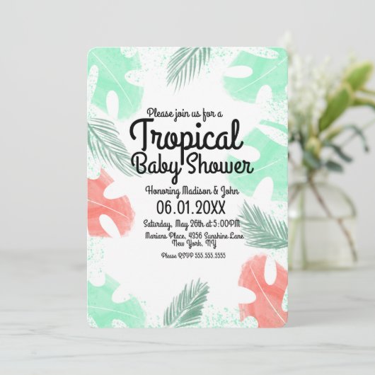 Tropical Baby Dusche Wasserfarbe Monstera Coral Einladung (Stehend Vorderseite)