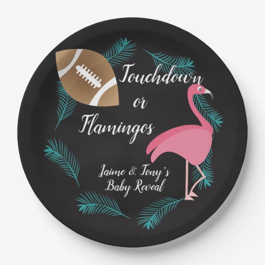 Tropical Baby Reveal Flamingos oder Touchdowns Pappteller (Vorderseite)