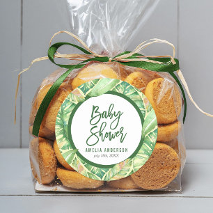 Tropical Baby Shower Green Watercolor Blätter Runder Aufkleber