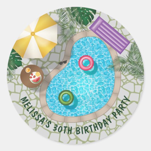 Tropical Backyard Pool Summer Pool Birthday Party Runder Aufkleber (Vorderseite)