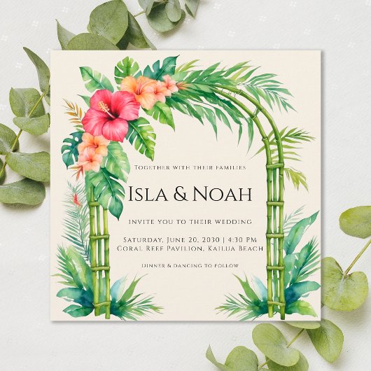 Tropical Bamboo Arch Coastal Floral Wedding Einladung