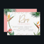 Tropical Bat Mitzvah Gold Script Palm Wasserfarbe RSVP Karte<br><div class="desc">Seien Sie stolz, freuen Sie sich und feiern Sie diesen Meilenstein Ihres Lieblings-Bat Mitzvah mit dieser raffinierten, personalisierten UAWG Insert-Karte für Ihre Veranstaltung! Stilvolle, atemberaubende, farbenfrohe, tropische Wasserfarbenvögel paradiesischer Blume, Imitate goldgeschriebene Schrift, Star of David und Glitzer Punkte, zusammen mit dunklem Rose rosa und graue moderne Sans Serif Typ, überlagern...</div>