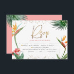 Tropical Bat Mitzvah Gold Script Palm Wasserfarbe RSVP Karte<br><div class="desc">Seien Sie stolz, freuen Sie sich und feiern Sie diesen Meilenstein Ihres Lieblings-Bat Mitzvah mit dieser raffinierten, personalisierten UAWG Insert-Karte für Ihre Veranstaltung! Stilvolle, atemberaubende, farbenfrohe, tropische Wasserfarbenvögel paradiesischer Blume, Imitate goldgeschriebene Schrift, Star of David und Glitzer Punkte, zusammen mit dunklem Rose rosa und graue moderne Sans Serif Typ, überlagern...</div>