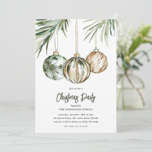 Tropical Baubles Christmas Party Einladung (Stehend Vorderseite)
