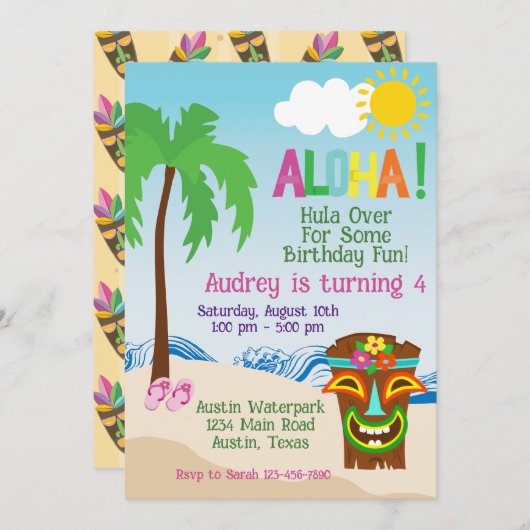Tropical Beach Aloha Luau Einladung zum Geburtstag (Vorne/Hinten)