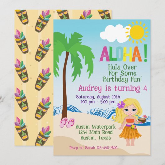 Tropical Beach Aloha Luau Einladung zum Geburtstag (Vorne/Hinten)