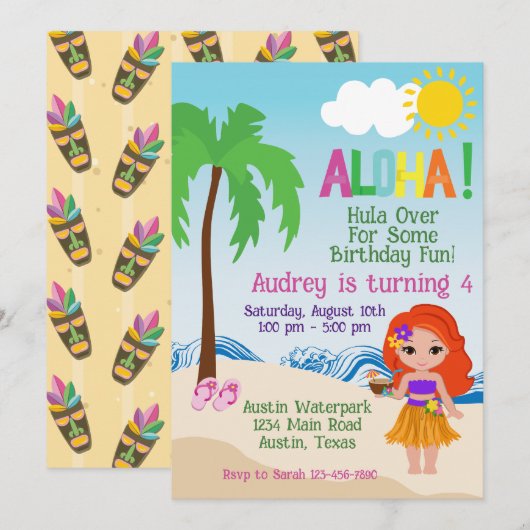 Tropical Beach Aloha Luau Einladung zum Geburtstag (Vorne/Hinten)