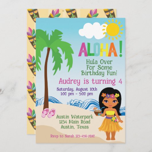 Tropical Beach Aloha Luau Einladung zum Geburtstag (Vorne/Hinten)