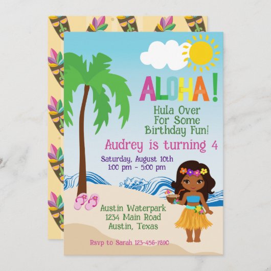 Tropical Beach Aloha Luau Einladung zum Geburtstag (Vorne/Hinten)