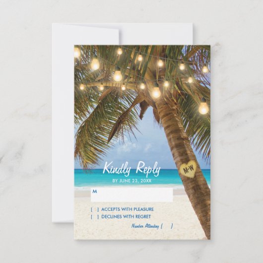 Tropical Beach and String Lights Wedding RSVP (Vorderseite)